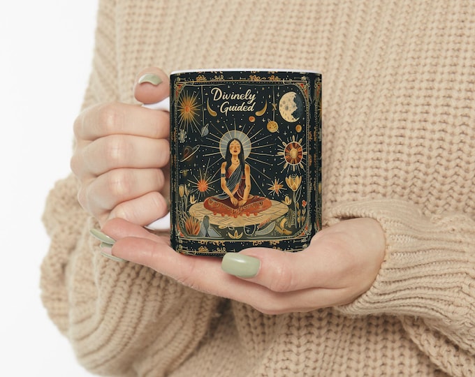 Divinely Guided Ceramic Coffee Mug, 11oz 15oz Boho Coffee Cup, Hippie Design Drink Mug, Ceramic Coffee Mug