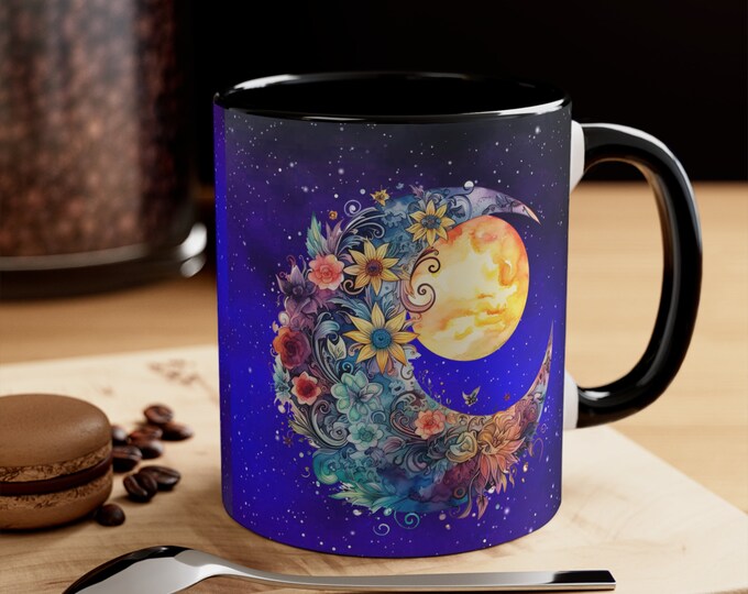 Ceramic Coffee Mug, 11oz Boho Coffee Cup, Hippie Galaxy Celestial Moon and Sun Drink Mug, Choose from 5 Colors!