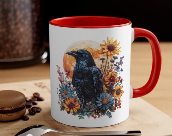 Ceramic Coffee Mug, 11oz Boho Coffee Cup, Raven with Flowers Drink Mug, Choose from 5 Colors!