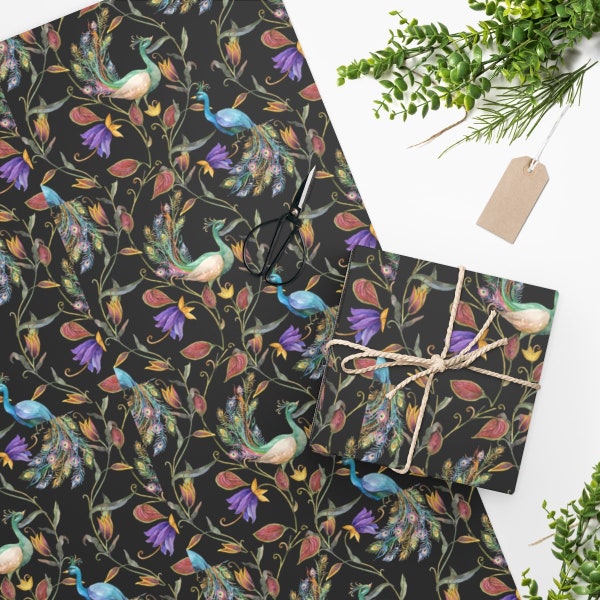 Peacock Feathers Wrapping Paper, Two Sizes, Sustainably Sourced, Party Supplies, Anniversary Birthday Gift Wrap, Boho Floral Wrapping Paper