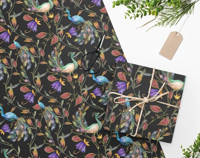 Peacock Feathers Wrapping Paper, Two Sizes, Sustainably Sourced, Party Supplies, Anniversary Birthday Gift Wrap, Boho Floral Wrapping Paper