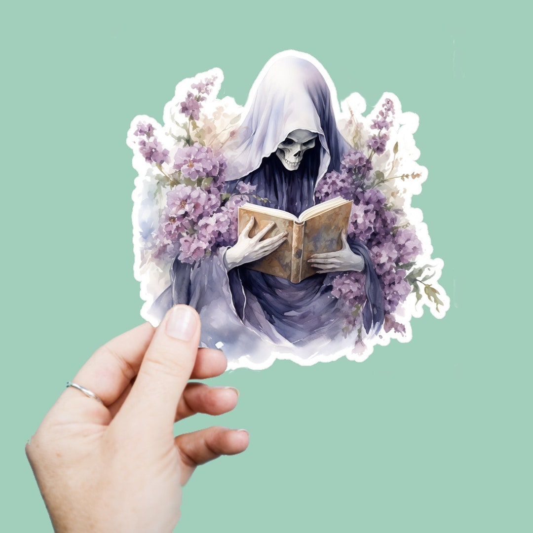 Reaper Secel Watercolor Grim Reaper Decal, Satin Finish Sticker, Boho Flowers ...