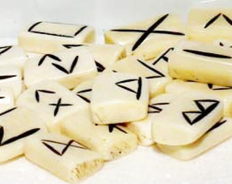 Bone Tile Rune Set, Norse Elder Futhark Etched Rune Set, Water Buffalo Bone Runes, Natural Tile Rune Set, Bone Rune Divination Tools Set
