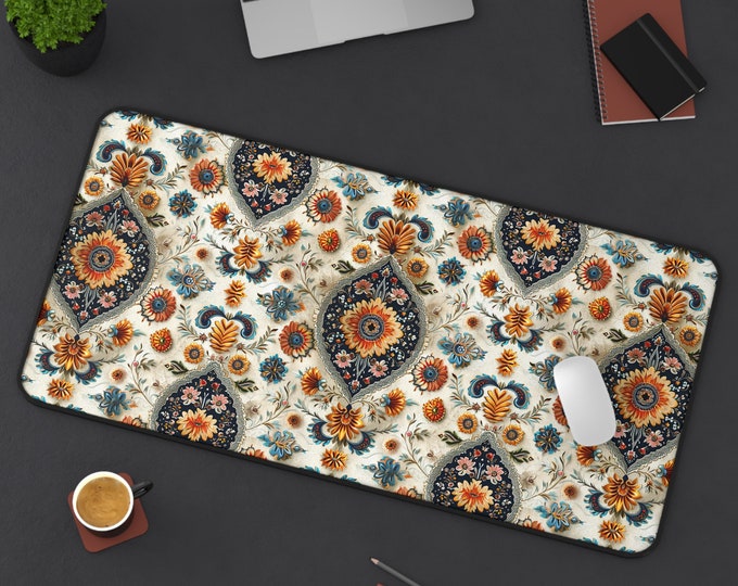 LARGE Floral Paisley Design Desk Mat, 3 Sizes Non Slip Desk Pad, Office Computer Tech Supplies, Boho Bohemian Hippie Neoprene Desk Mat