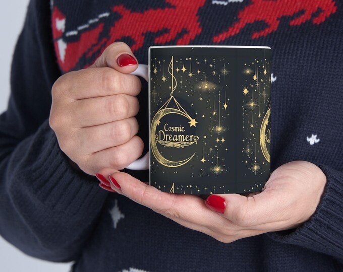 Cosmic Dreamer Ceramic Coffee Mug, 11oz 15oz Boho Coffee Cup, Hippie Design Drink Mug, Ceramic Coffee Mug