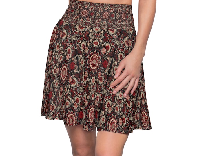 Women's Boho Skater Skirt, Polyester Spandex Stretchy Silky Boho Skirt, Flowy Hippie Skirt, XS-2XL