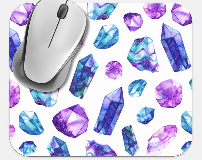 Watercolor Crystals Mouse Pad, Gems Mouse Pad, Computer Accessories, Tech Desk Supplies, Boho Bohemian Hippie Mouse Pad, Neoprene Mouse Pad