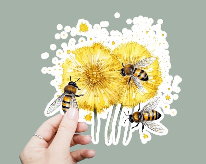 Honeybee Dandelion Vinyl Decal, Satin Finish Boho Floral Sticker, Laptop Sticker, Window Decal, Water Bottle Decal, 4 Sizes To Choose From
