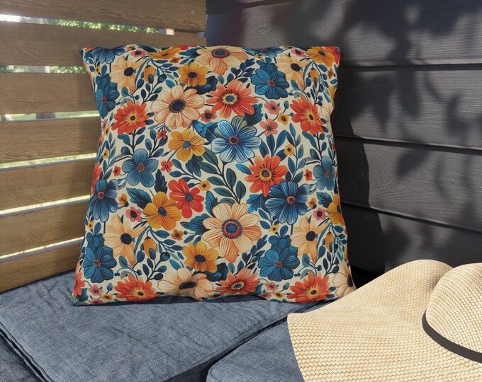 Boho Floral Print Outdoor Decorative Pillow, CHOOSE Your SIZE, UV Resistant Outdoor Pillow, Colorful Pillow Decor, Water Resistant Pillow