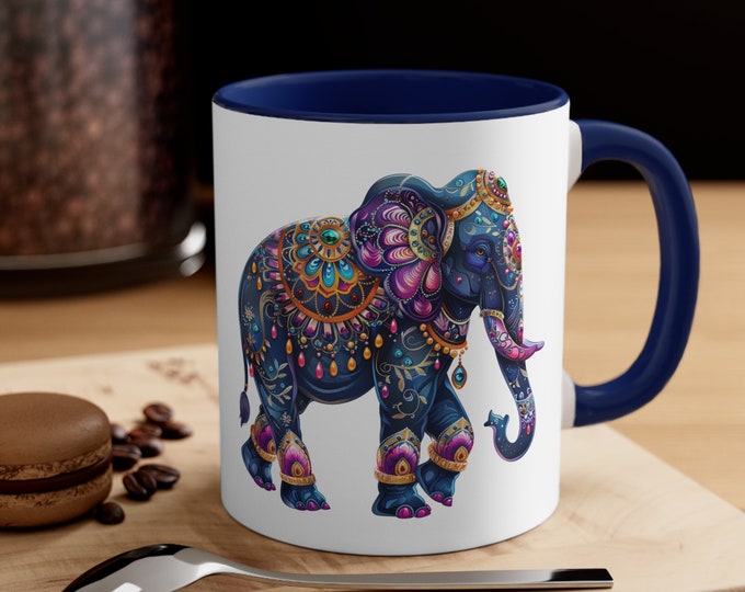 Ceramic Coffee Mug, 11oz Boho Coffee Cup, Bejeweled Elephant Drink Mug, Choose from 5 Colors!