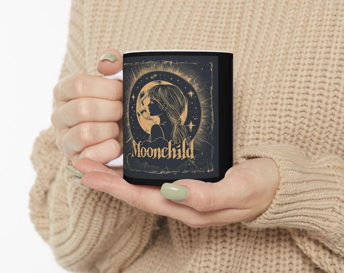 Moonchild Ceramic Coffee Mug, 11oz 15oz Boho Coffee Cup, Hippie Design Drink Mug, Moon Moonchild Mug