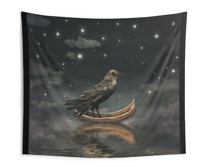 Raven Celestial Wall Tapestry, Custom Large Wall Hanging, Raven Bird Tapestry, Boho Bohemian Stars Night Tapestry, Custom Fabric Tapestry