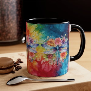 Ceramic Coffee Mug, 11oz Boho Coffee Cup, Tie Dye Hippie Dragonfly Animal Drink Mug, Choose from 5 Colors!