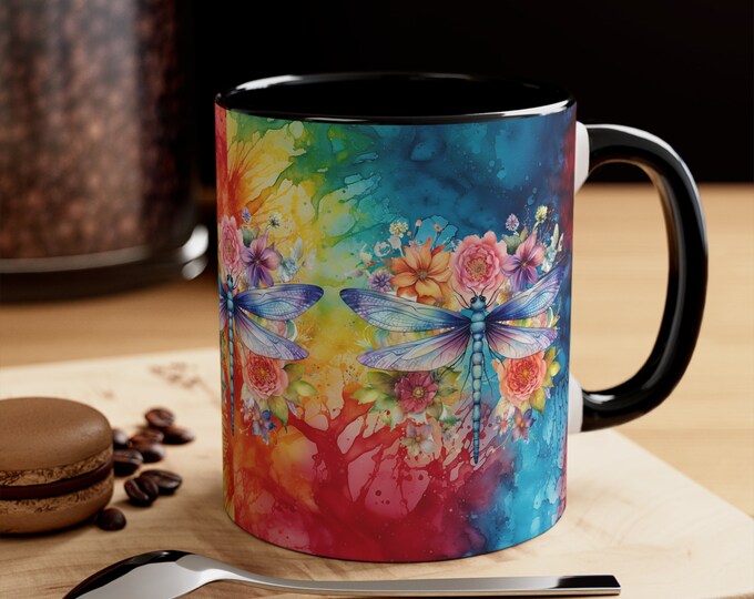 Ceramic Coffee Mug, 11oz Boho Coffee Cup, Tie Dye Hippie Dragonfly Animal Drink Mug, Choose from 5 Colors!