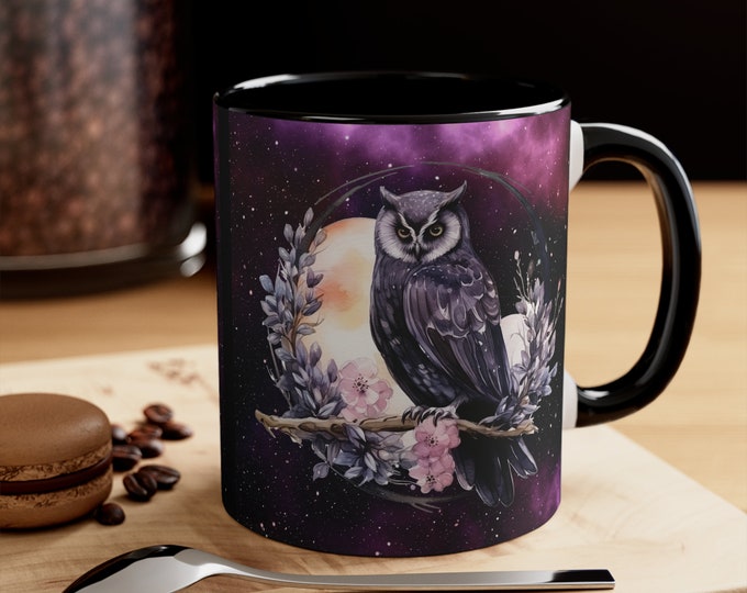 Ceramic Coffee Mug, 11oz Boho Coffee Cup, Black Owl with Flowers Cup, Animal Drink Mug, Choose from 5 Colors!