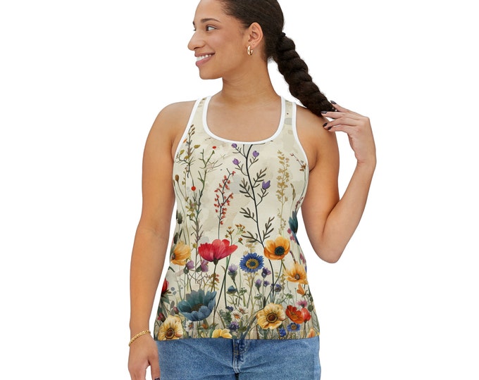 Women's Racerback Tank Top, Floral Tank Top, Silky Polyester Spandex Flowy Tank, Sporty Tank Top, Sizes S-2XL