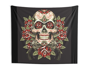 Floral Skull Wall Tapestry, Custom Large Wall Hanging, Skull Tapestry, Boho Bohemian Skull Tapestry, Custom Fabric Tapestry, Fabric Wall Art