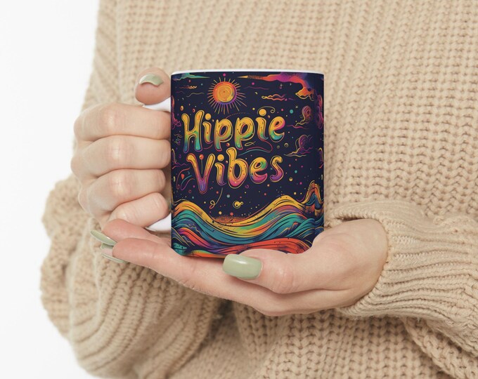 Psychedelic Hippie Vibes Ceramic Coffee Mug, 11oz 15oz Boho Coffee Cup, Hippie Design Drink Mug, Hippie Coffee Mug