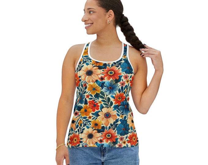 Women's Racerback Tank Top, Floral Tank Top, Silky Polyester Spandex Flowy Tank, Sporty Tank Top, Sizes S-2XL