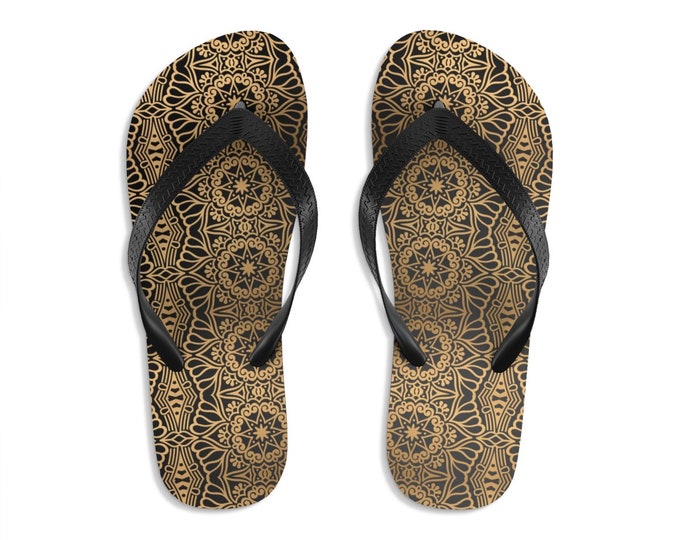 Unisex Flipflops, Mandala Damask Print Sandals, Soft Summer Beach Flip Flops, Beach Shoes, Boho Hippie Flip Flop Shoes
