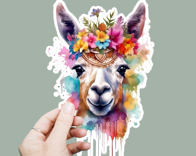 Floral Llama Vinyl Decal, Satin Finish Boho Animal Sticker, Laptop Sticker, Window Decal, Water Bottle Decal, 4 Sizes To Choose From