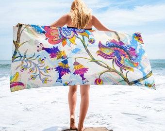 Large Beach Towel, 30 x 60 Inch Towel, Bath Towel, Batik Boho Floral Art Towel, Custom Print Towel, Flower Art Designer Towel, Premium Towel