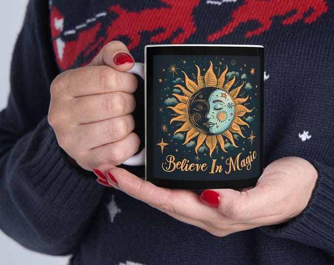 Believe in Magic Ceramic Coffee Mug, 11oz 15oz Boho Coffee Cup, Hippie Design Drink Mug, Psychic Magic Witchy Mug