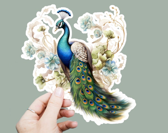 Floral Peacock Vinyl Decal, Satin Finish Boho Animal Sticker, Laptop Sticker, Window Decal, Water Bottle Decal, 4 Sizes To Choose From