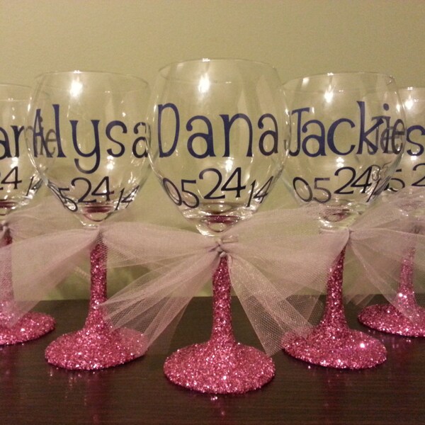 5 (Five) Bridesmaid Glitter Stemmed Wine Glasses; Bride and Groom Glasses, Bridesmaids, Mothers of Bride/Groom, Fathers of Bride/Groom