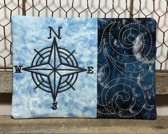 Compass Blue * Embroidered & Quilted Mug Rug * Handmade * Snack Mat Fabric Coaster Candle Mat Ready to Ship