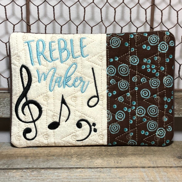 Treble Maker Blue Brown Music Lover Teacher Student * Embroidered & Quilted Mug Rug * Handmade * Snack Mat Coaster Candle Mat Ready to Ship