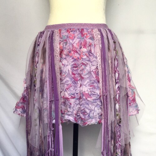 Sz M Floral pink pixie skirt with shops fringe - festival wear fairy cottagecore - slow fashion handmade ooak unique - FREE SHIPPING