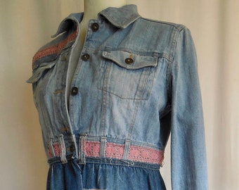 S/M upcycled altered denim jean Jacket coat - cottagecore shabby chic vintage retro - slow fashion unique ooak - FREE SHIPPING