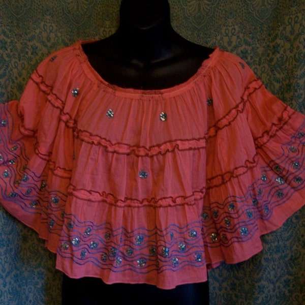 Coral shirt, shawl, cape, poncho, top, hippie boho top, Bohemian, embroidered, draped back, festival wear, summer cover up