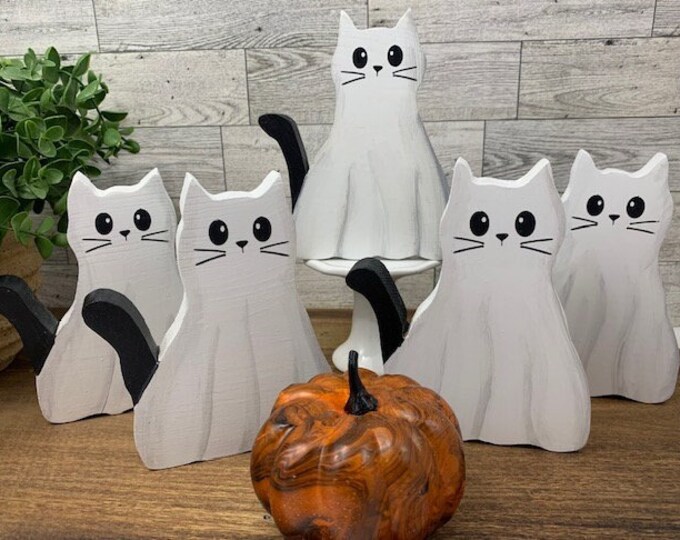 Wooden Ghost Cat Figurine, Halloween Decor, Cat Lover Gift, Black Cat