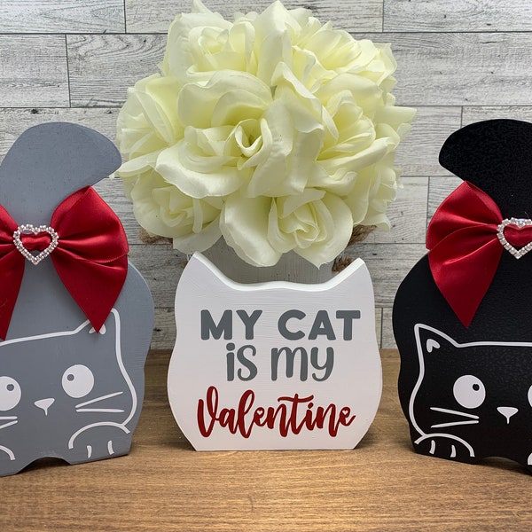 Wooden Valentines Day cat, Valentine cat gift, Cat decor, Cat lover decorations, Cat mom, Cat dad, Black or gray cats, tiered tray