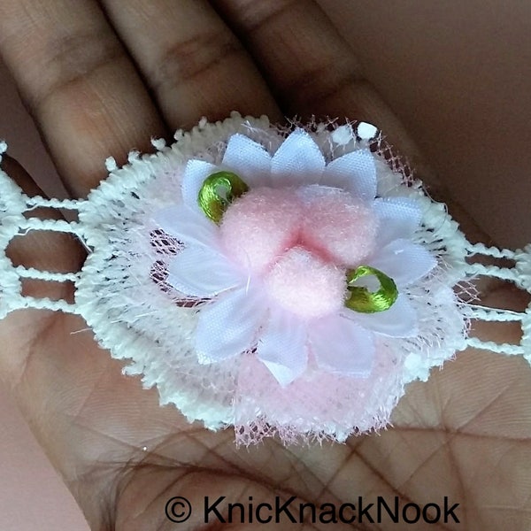 Off White Cotton Embroidery And Fabric Flower Trim With Satin Green Leaves And Pink Pompom, Approx. 40mm - 200317L33