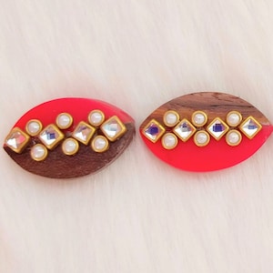 Red And Brown Oval Wood Buttons With Kundan Stones, Indian Buttons, Wedding Supplies, Bridal Embellishments, Ethnic Buttons, Kundan Buttons