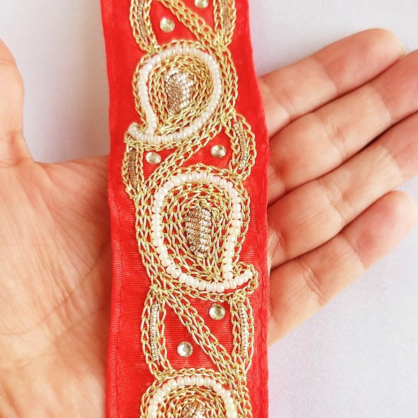 Red Lace Trim With Floral Zardozi Hand Embroidery And White Beads & Indian Stones Kundan Embellishment, Approx. 40mm, Decorative Trim