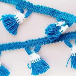 Blue & White Tassel Fringe Trim: Bohemian Lace, 60mm