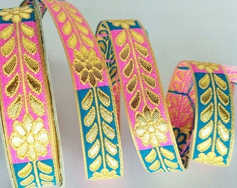 Floral Jacquard Trim Decorative Trim Fashion Trim, Ribbon Sash, Indian Trim, Gold Brocade Weave, Pink And Blue Trim