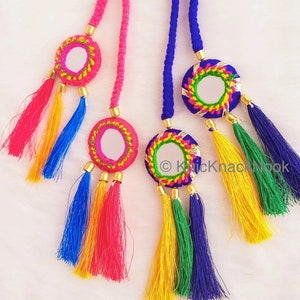 Pink / Blue Braid With Pink / Green, Yellow and Blue Tassels with Mirror Embellishments,Bohemian Tassels, Indian Tassels, Festival Tassels