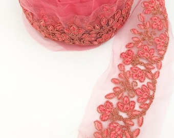 Pink Net Fabric Lace Trim with Floral Embroidery, Lace Trim, Sari Border, Embroidered Trim, Trim By Yard