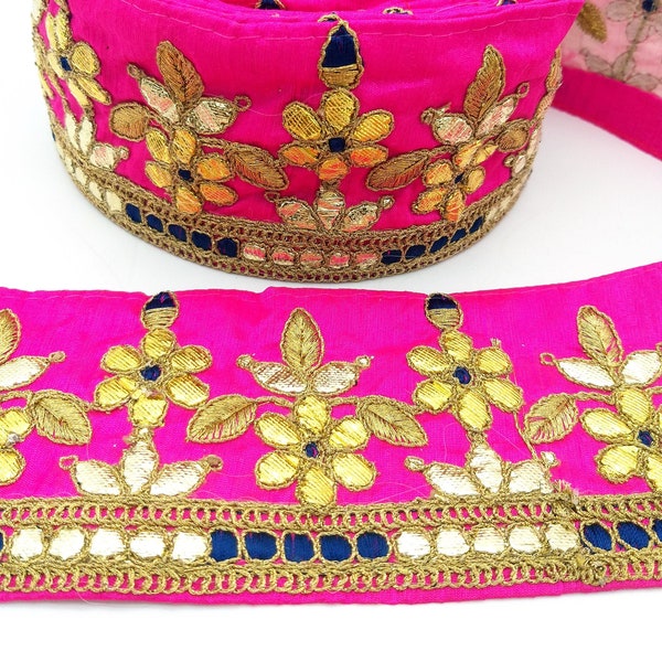 Fuchsia Pink Art Silk Fabric Trim, Blue & Gold Floral Embroidery Gota Patti Indian Sari Border Trim By Yard Decorative Trim Craft Lace