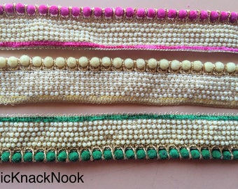 Green / Fuchsia Pink / Beige Velvet Trim With Off White Seed Pearls And Gold Threadwork, Approx. 30mm Wide - 200317L478 / 79 / 80