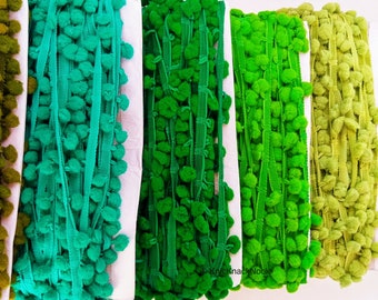 9 yards x Wholesale Green Pom Pom Fringe Trim, Pompom Trimming, Tassels, 24mm Wide Trim, Bohemian, Summer Trim