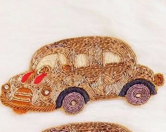 Hand Embroidered Car Applique In Gold Zardozi And Beige, Red, Brown And Grey Embroidery, Car Motif, Embroidered Applique
