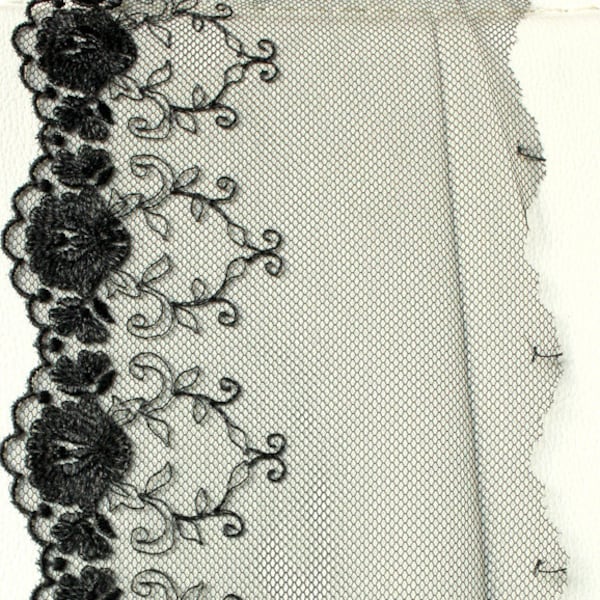 Black Net Lace Trim With Embroidered Flowers 5 inches wide - 041203L30