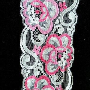 White And Pink Rose Floral Net Lace Trim Ribbon 85mm wide image 1