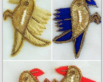 Embroidered Bird Applique Pair: Beige, Red, Blue, Gold Beads